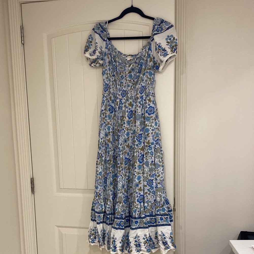 By the River Floral Blue and White Midi Dress Peasant Boho Cottagecore
